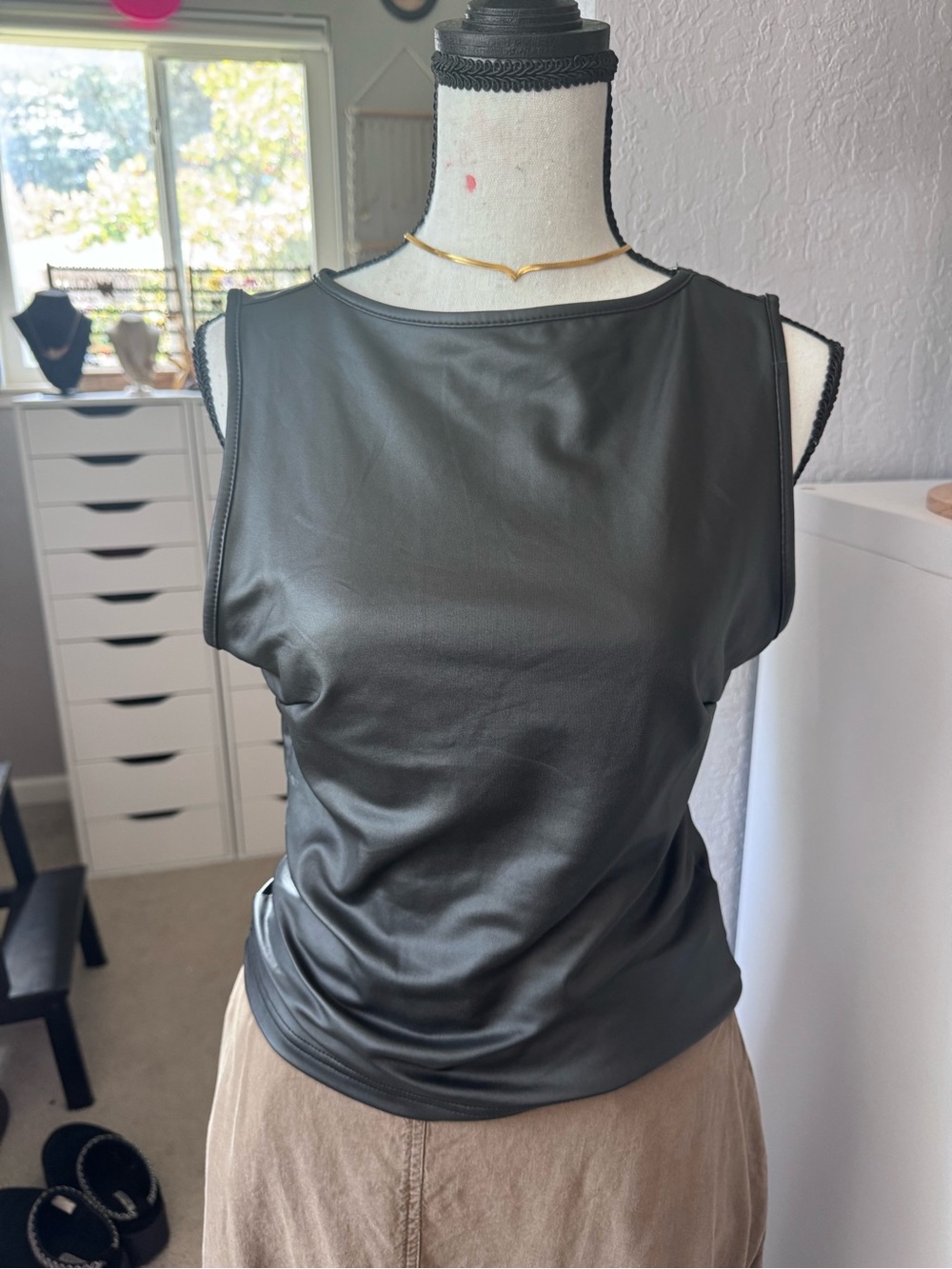 Sleek Black Faux-Leather Sleeveless Top